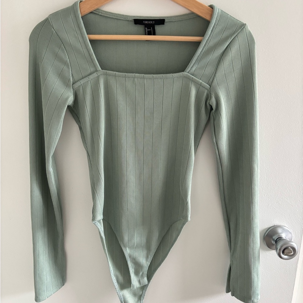 Forever 21 Green Ribbed Fitted Bodysuit